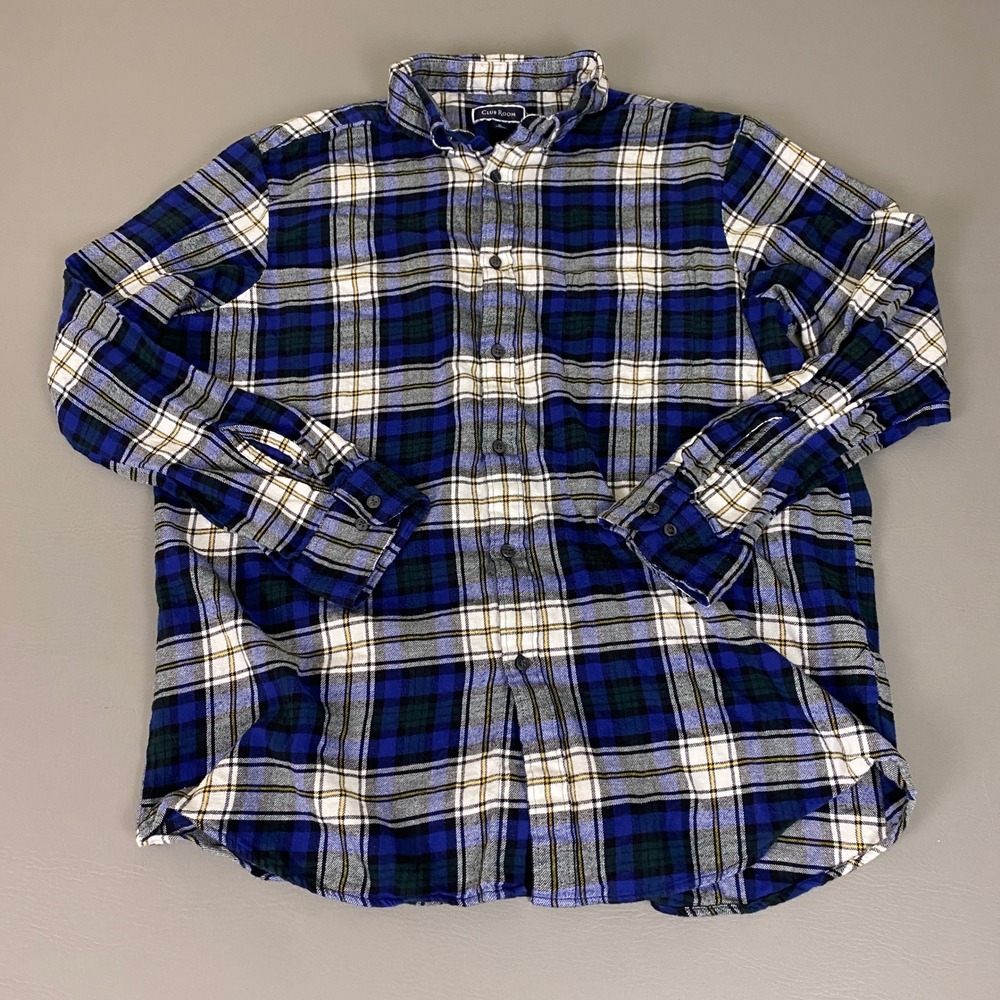 Club Room Flannel Shirt Mens XL Blue Green Plaid Long Sleeve Button Front Cotton